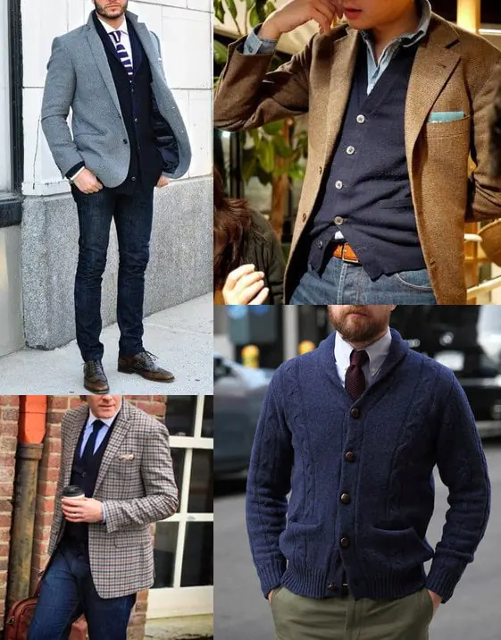 phối áo len cardigan nam với áo sơ mi và áo vest