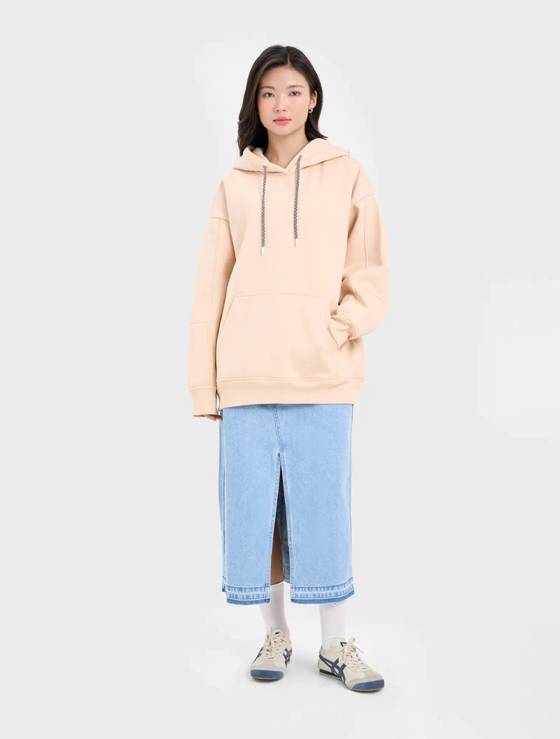 hoodie nữ phối chân váy jean dài